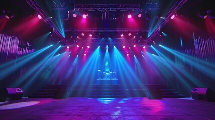 3D concert stage, lighting rig, musical performance, energetic vibe