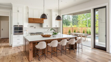Fototapeta premium A modern farmhouse kitchen flooded with natural light, featuring a large island, white cabinets, and wood accents.