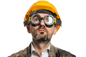 Concentrated manager in factory hat and goggles isolated on white background