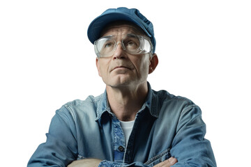 Confident adult factory manager in hat and goggles thinking hard isolated on white background