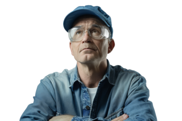 Confident adult factory manager in hat and goggles thinking hard isolated on white background