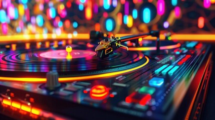 3D turntable, spinning vinyl, vibrant lights, DJ theme