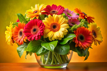 Fototapeta premium Vibrant gerbera daisies and lush green leaves arranged beautifully in a vase, set against a bright yellow background, evoking feelings of warmth and happiness.