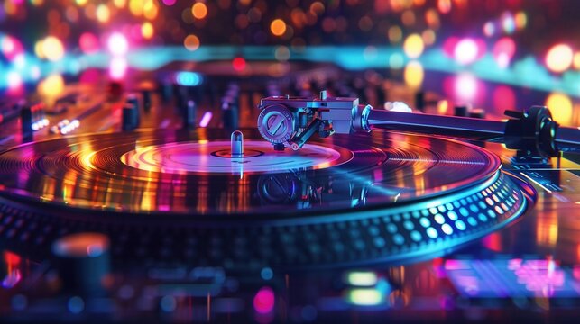 3D turntable, spinning vinyl, vibrant lights, DJ theme