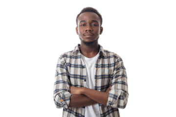 Confident black man wearing casual clothes, arms at sides, isolated on white background