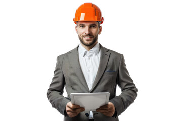 Confident engineer with tablet and hard hat, isolated on white background