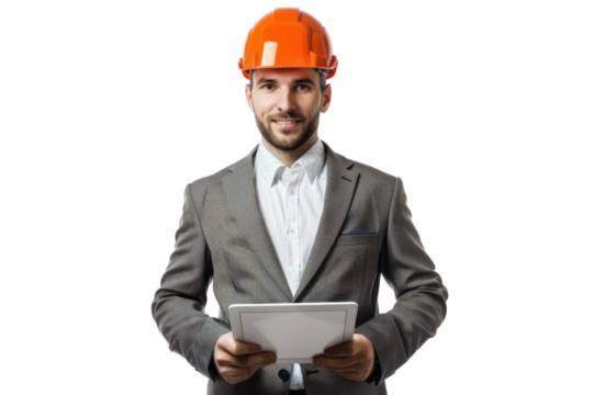 Confident engineer with tablet and hard hat, isolated on white background