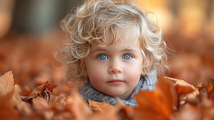 Fototapeta premium Autumn Joy: Child Playing in Vibrant Orange Leaves