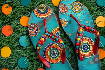 Colorful Beaded Sandals on Grass with Circular Decorations and Bright Colors