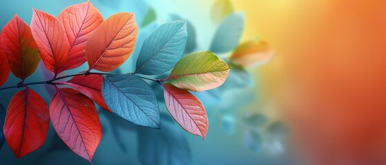 Vibrant autumn leaves in red, blue, and green hues on a branch, set against a gradient background of teal and orange.