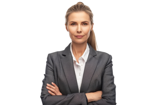 Confident middle aged female entrepreneur with ponytail wearing formal suit looking at camera Isolated on white background