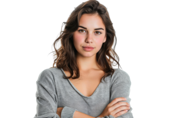 Confident woman with joyful expression, wearing glasses, isolated on white background