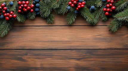 Festive Christmas garland with red and blue berries and green pine branches, beautifully arranged on a rustic wooden background.