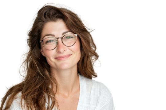 Confident woman with joyful expression, wearing glasses, isolated on white background