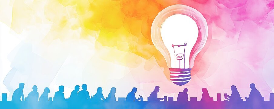 Business innovation, creative process, collaborative meeting, Watercolor style