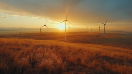 Obraz premium Wind turbines on a vast golden field during sunset with an expansive sky