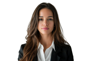 Confident young woman with brown eyes in business attire Isolated on white background