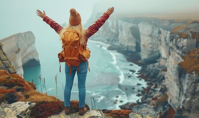Obraz premium A happy female hiker is standing on a cliff with her arms up in the air, feeling exhilarated and free.