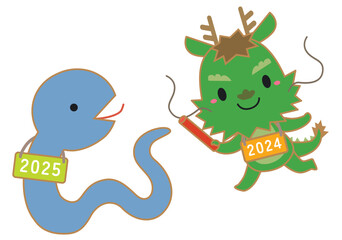 巳年・辰年 干支交代キャラクターイラスト/バトンタッチ01・線あり