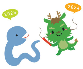 巳年・辰年 干支交代キャラクターイラスト/バトンタッチ04・線なし