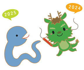 巳年・辰年 干支交代キャラクターイラスト/バトンタッチ0・線あり