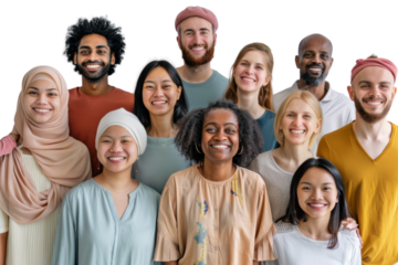 Diverse group of happy people smiling and bonding together Isolated on white background