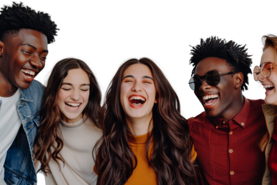 Diverse friends laughing and enjoying time together Isolated on white background