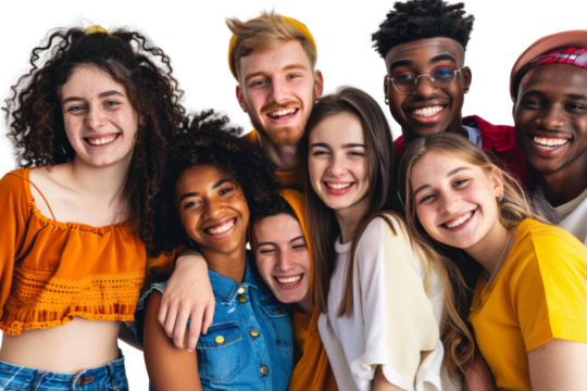 Diverse group of happy people smiling and bonding together Isolated on white background