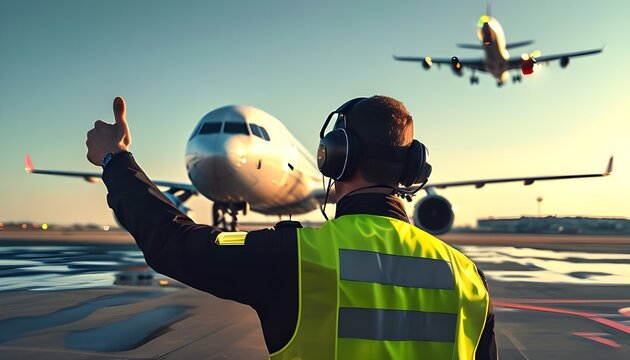 An airport ground crew member in action, guiding a commercial airliner on the tarmac.