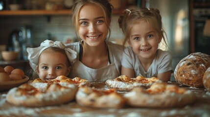 Family Cooking Italian Pizza Together in Cozy Kitchen - Happy Mother and Kids Preparing Dinner with Help from Chef Girls - Children Chef Concept