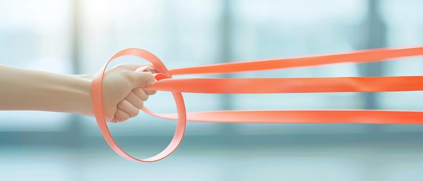A close-up of a person using resistance bands for a home workout, focusing on strength training and weight loss, high detail
