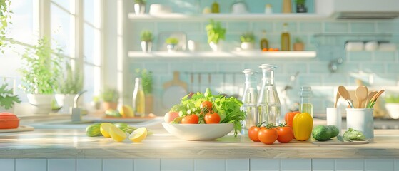 A serene kitchen scene with a person preparing a colorful salad with various fresh vegetables, symbolizing healthy eating and weight loss, high detail