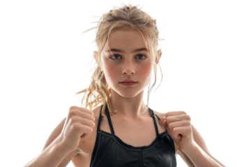 Energetic young blond girl in fitness gear, ready to exercise, isolated on white background