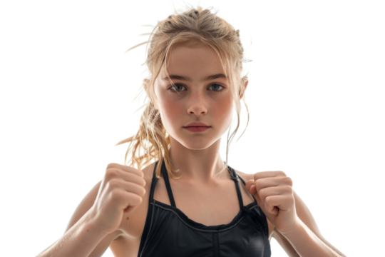 Energetic young blond girl in fitness gear, ready to exercise, isolated on white background