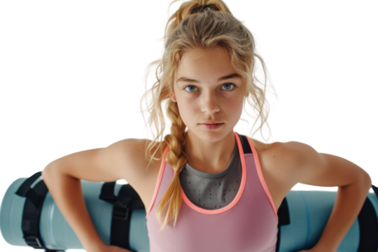 Energetic young blond girl in fitness gear, ready to exercise, isolated on white background - Powered by Adobe