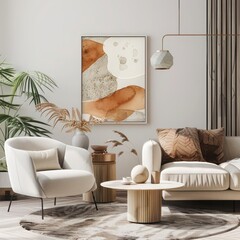 Interior poster frame mockup with modern furniture and stylish decor, ideal for showcasing artwork in a contemporary setting.