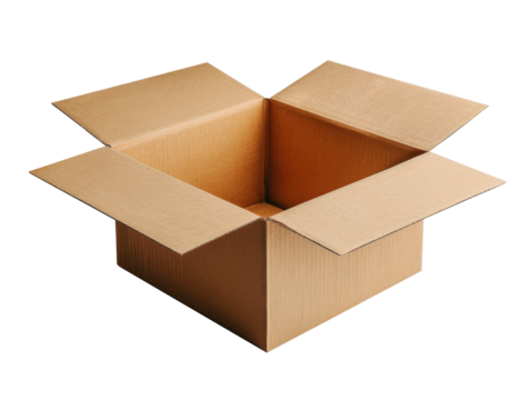 Brown cardboard box with open flaps, clean white background