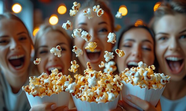 Happy friends are having fun on holiday, throwing popcorn in the air while sitting on the sofa.