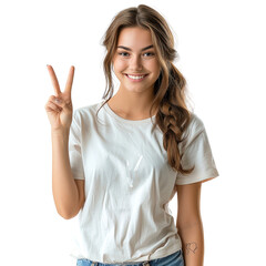 Fototapeta premium Cheerful girl posing with a peace gesture wearing casual white top