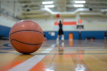 Naklejka premium Focused Basketball Practice Under Gym Lights, Hard Work, Skill Development, Training