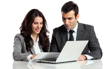 Obraz premium Friendly coworkers sharing ideas on a laptop Isolated on white background