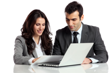 Friendly coworkers sharing ideas on a laptop Isolated on white background