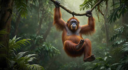 Obraz premium Artistic render of a Sumatran orangutan hanging from branches in the rainforest canopy, emphasizing its expressive face and lush surroundings with a plain background and ample copy space.
