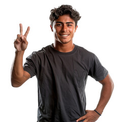 Naklejka premium A young man is smiling and holding up his hands in a peace sign wearing a black shirt with a pocket on the front