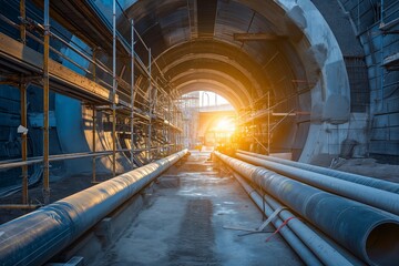 Fototapeta premium Sunset Illuminates Construction Tunnel with Scaffolding and Metal Pipes in Progress