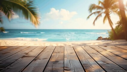 Tropical Beach Scene with Empty Wooden Table Top and Copy Space in Summer