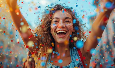 Obraz premium Young people celebrate by throwing confetti in the air at an outdoor party, having a great time together on a college campus.