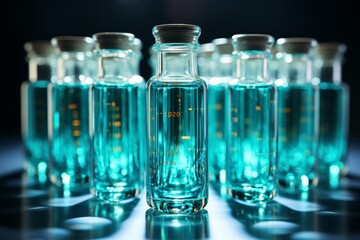 Medical syringes on turquoise background for vaccination and laboratory procedures