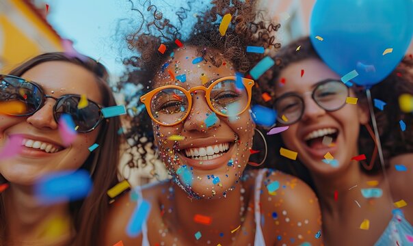 Young people celebrate by throwing confetti in the air at an outdoor party, having a great time together on a college campus.
