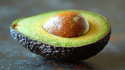 Half of a ripe avocado, with a brown pit inside. 